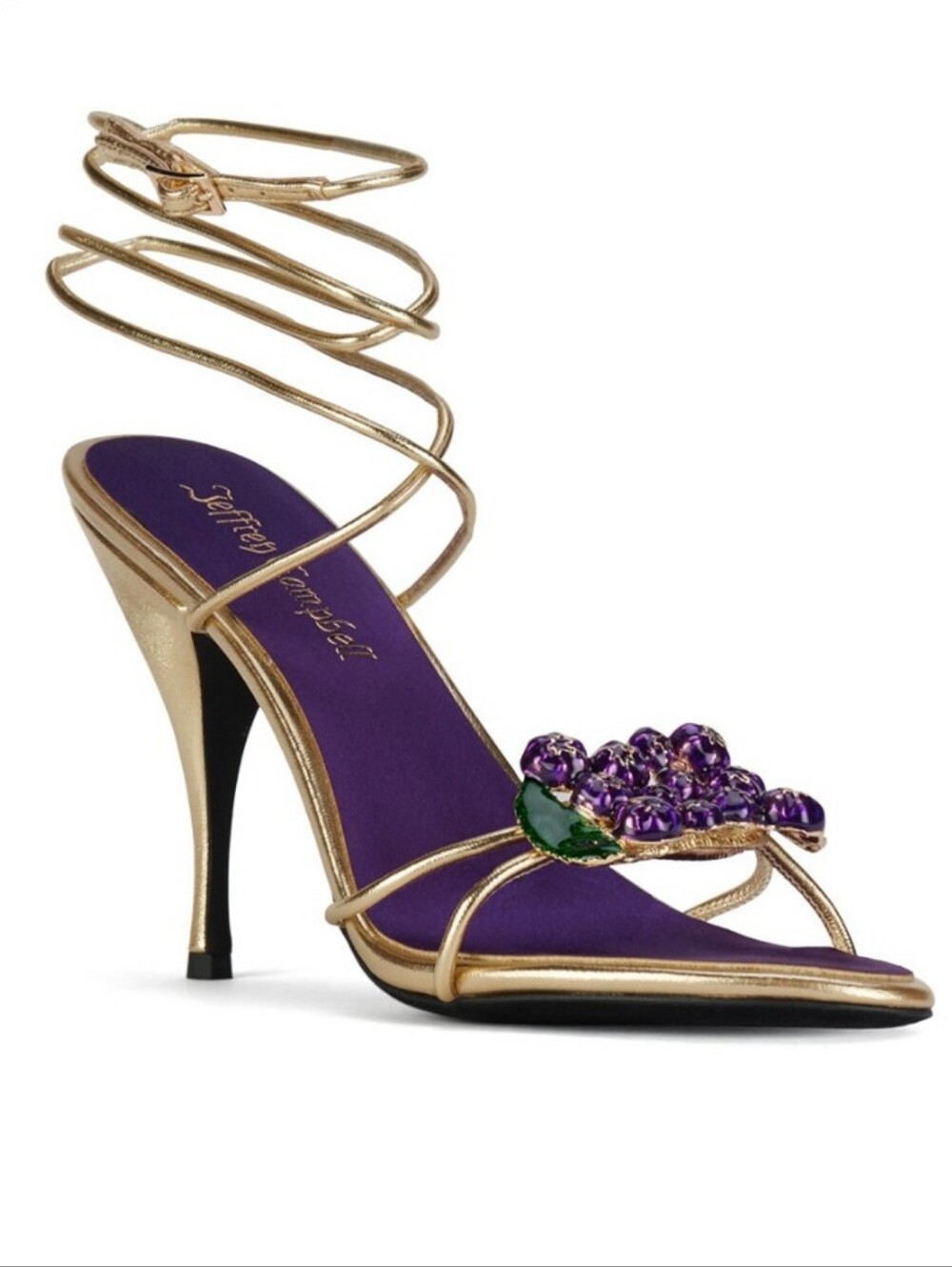 Jeffrey Campbell Kleo Gold Strappy Heels with Purple Floral Appliqués Size 6.5
